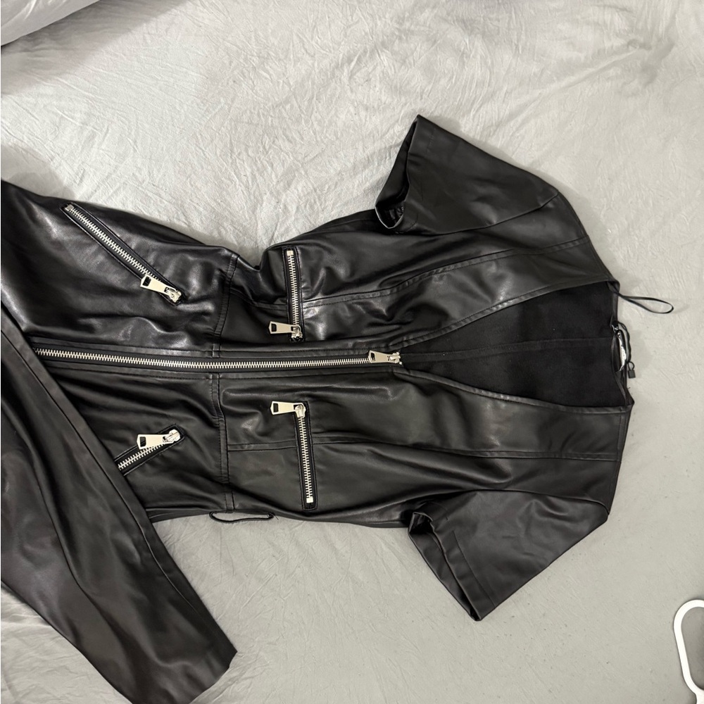 Zara Black Leather Jacket with Zipper Details